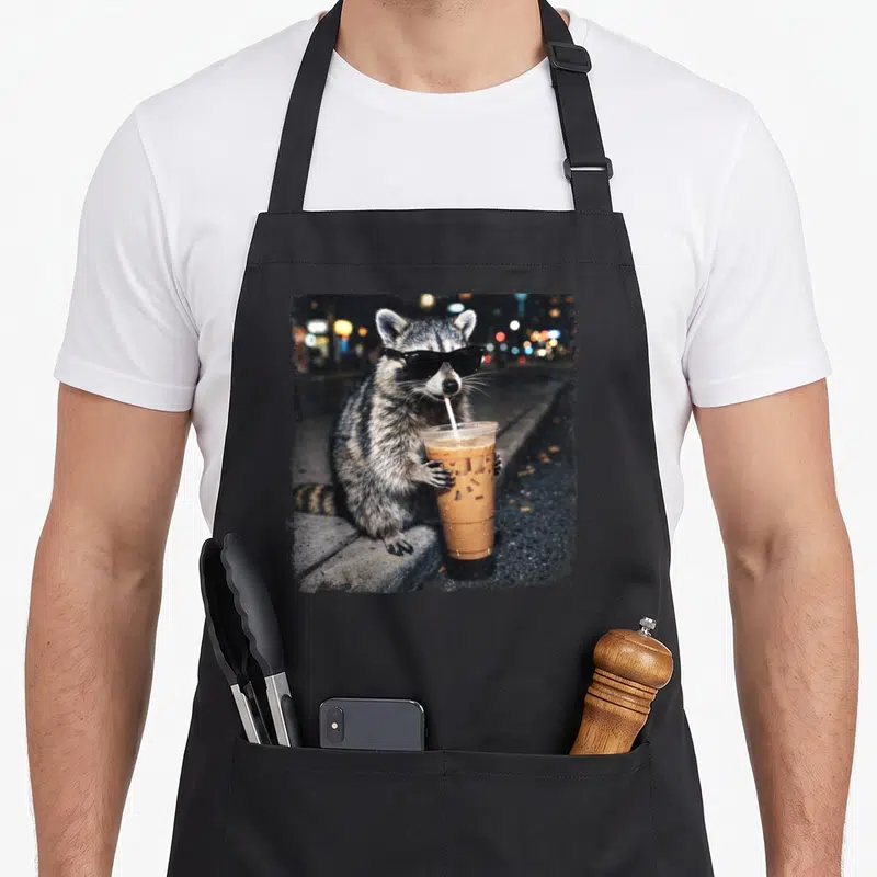 Raccoon coffee apron - Raccoon in sunglasses holding iced coffee cup on a city curb at night — shown on a black cotton canvas apron against a white background
