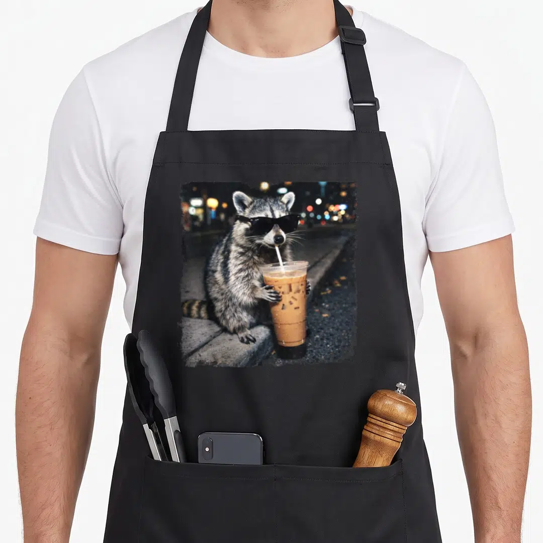 Raccoon coffee apron - Raccoon in sunglasses holding iced coffee cup on a city curb at night — shown on a black cotton canvas apron against a white background