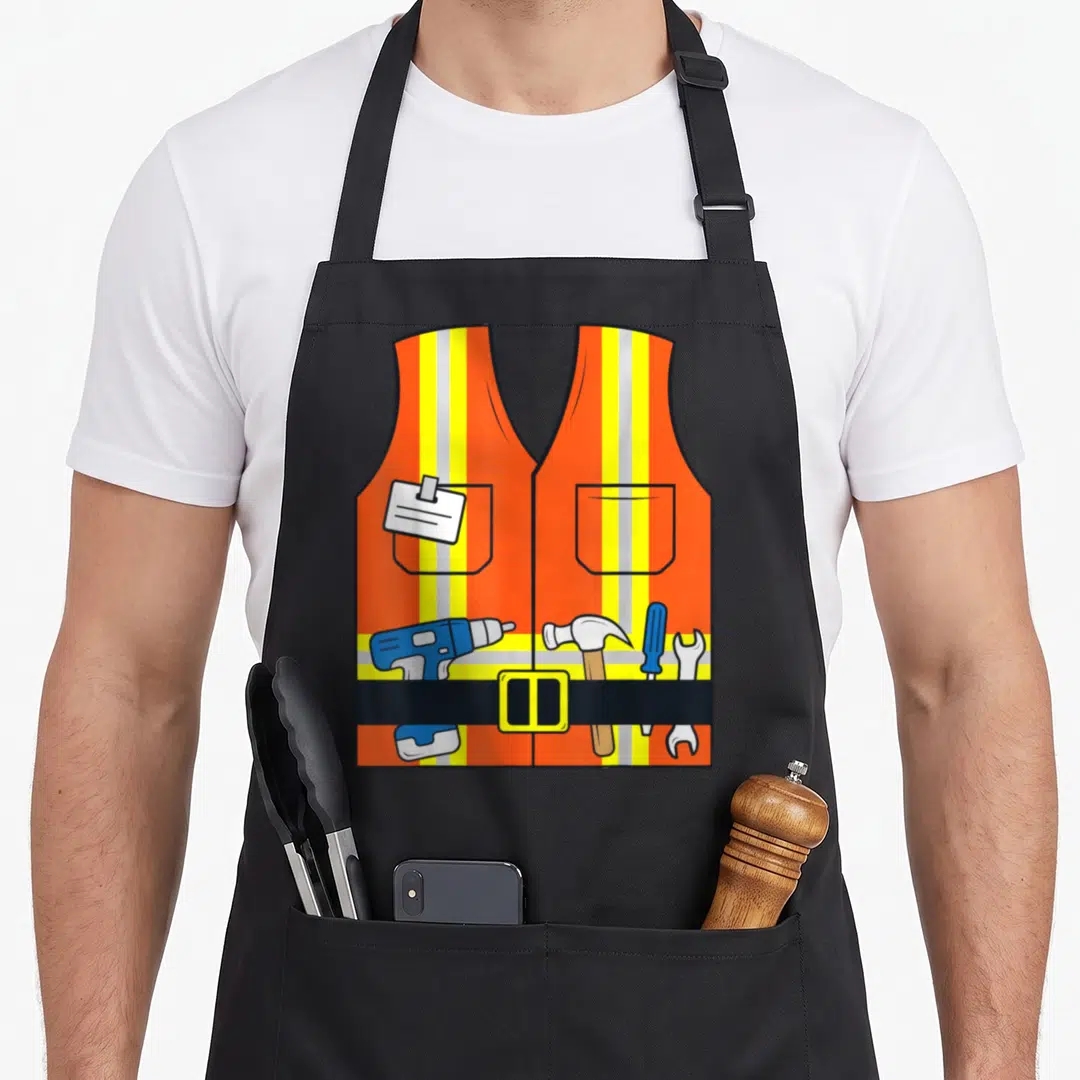 Costume safety apron - Orange cartoon safety vest with ID badge and tool belt holding drill hammer screwdriver — shown on a black cotton canvas apron against a white background