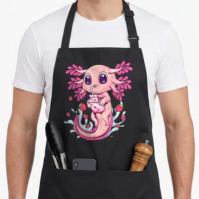 Strawberry anime cooking apron - Pink axolotl holding strawberry milk carton surrounded by floating red berries — shown on a black cotton canvas apron against a white background