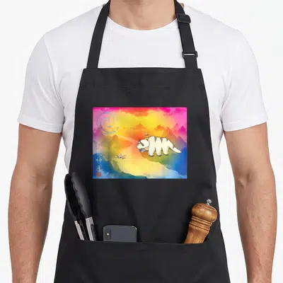 Bison flying apron - Striped beast with rider over mountains, vertical Chinese text, blue spiral, watercolor style — shown on a black cotton canvas apron against a white background