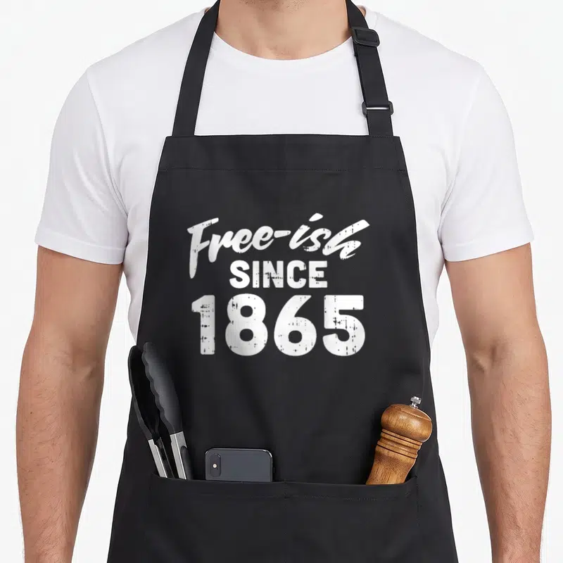 Freeish black history apron - White text reading Free-ish SINCE 1865 on dark background — shown on a black cotton canvas apron against a white background