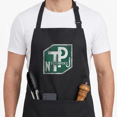 Jersey road apron - Distressed green TPJ TURNPIKE highway sign graphic with white lettering — shown on a black cotton canvas apron against a white background