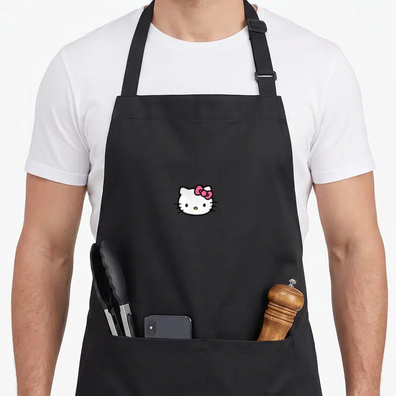 Cute occasion novelty apron - Centered Hello Kitty head illustration in white pink and black cartoon style — shown on a black cotton canvas apron against a white background