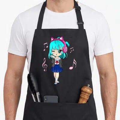 Music anime apron - Chibi anime girl with cat-ear headphones and pink musical notes in blue and white — shown on a black cotton canvas apron against a white background