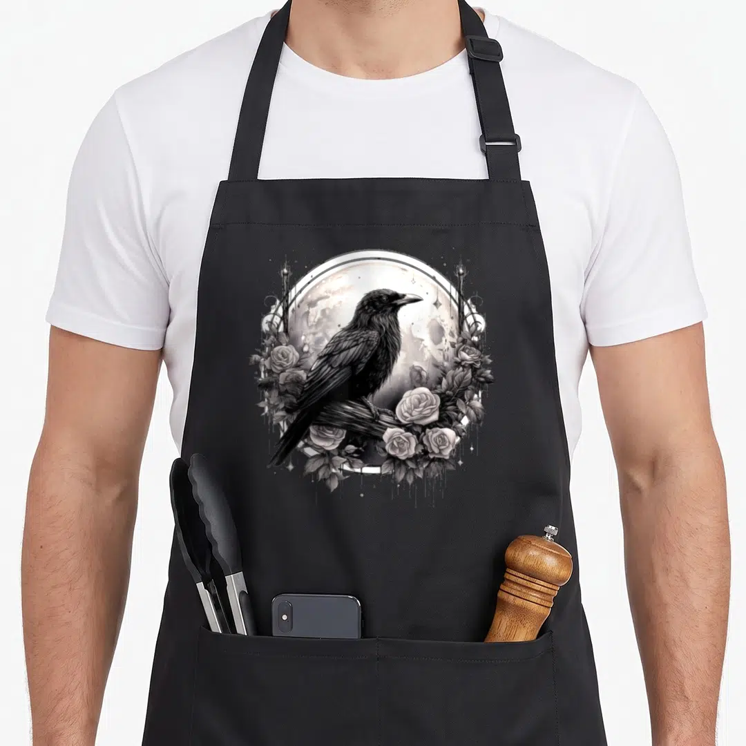 Rose gothic apron - Realistic raven perched on a branch surrounded by roses and a full moon in a circular frame — shown on a black cotton canvas apron against a white background