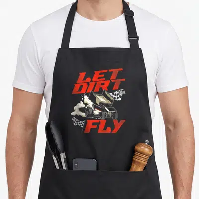 Racing race sprint track apron - Distressed red text Let Dirt Fly surrounding a sprint car and checkered flags — shown on a black cotton canvas apron against a white background