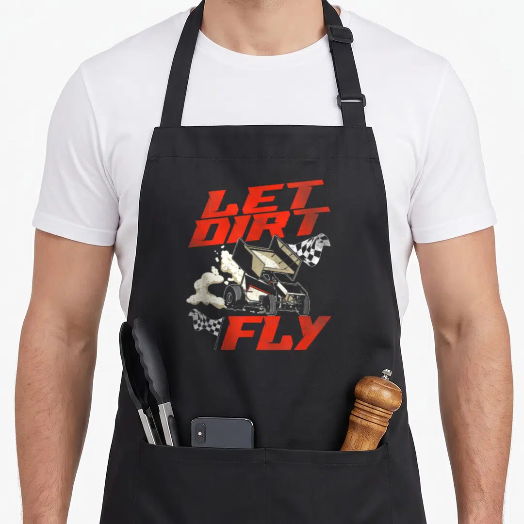 Racing race sprint track apron - Distressed red text Let Dirt Fly surrounding a sprint car and checkered flags — shown on a black cotton canvas apron against a white background