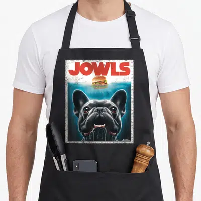Jowl french bulldog apron - Red JOWLS text above black bulldog underwater eyeing a floating hamburger — shown on a black cotton canvas apron against a white background