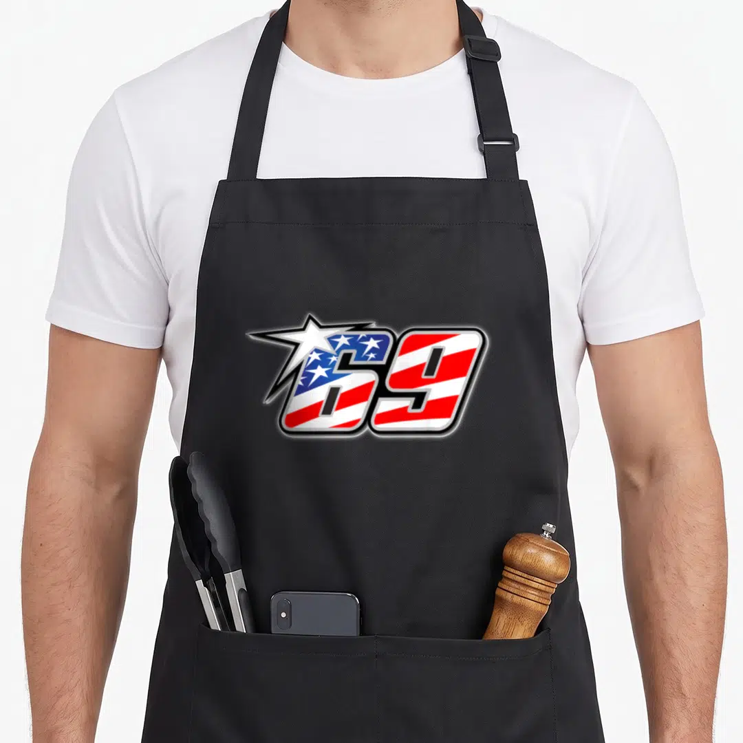 Star boy number apron - Number 69 filled with red white and blue flag pattern and overlapping white star — shown on a black cotton canvas apron against a white background