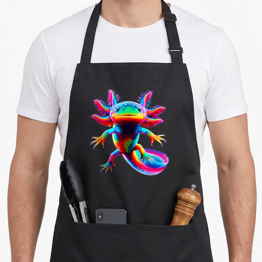 Axolotl colorful aprons - Multicolored cartoon axolotl illustration in blue pink yellow green and red — shown on a black cotton canvas apron against a white background