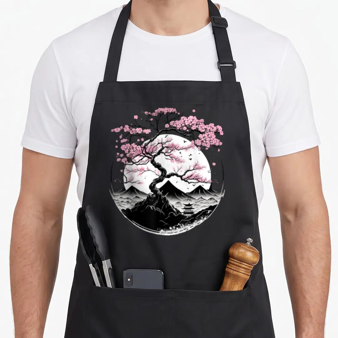 Sakura cherry apron - Circular line art of pink cherry tree, white moon, grey mountains, and pagoda — shown on a black cotton canvas apron against a white background