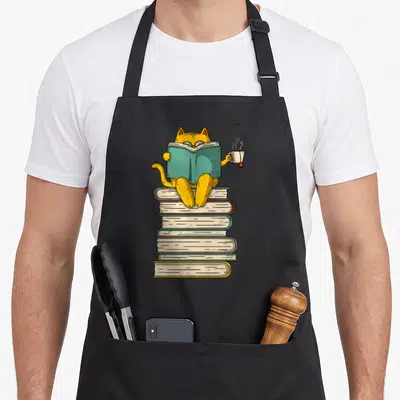 Book cat apron - yellow cartoon cat reading teal book on stacked books holding white mug — shown on a black cotton canvas apron against a white background