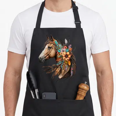 Floral country apron - Realistic horse head in profile with decorative headband, orange flower, blue feathers — shown on a black cotton canvas apron against a white background