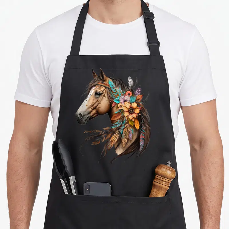 Floral country apron - Realistic horse head in profile with decorative headband, orange flower, blue feathers — shown on a black cotton canvas apron against a white background