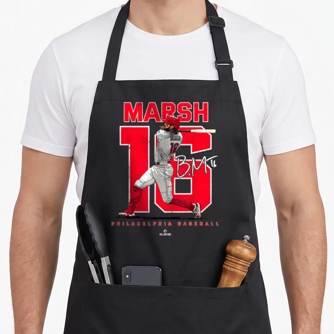 Portrait ballpark mvp apron - Realistic baseball batter in front of red number 16 with MARSH and PHILADELPHIA BASEBALL — shown on a black cotton canvas apron against a white background