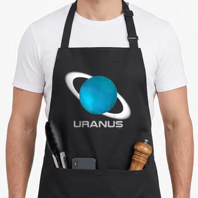 Uranus quran apron - Realistic blue planet with white ring and URANUS text below — shown on a black cotton canvas apron against a white background