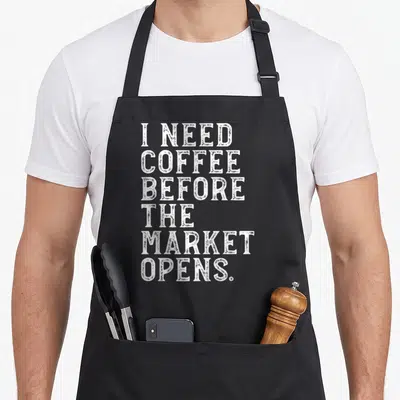 Stock coffee apron - White stacked text reading I NEED COFFEE BEFORE THE MARKET OPENS on black background — shown on a black cotton canvas apron against a white background