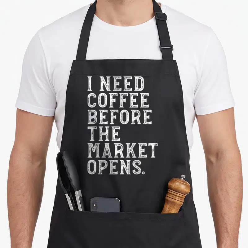 Stock coffee apron - White stacked text reading I NEED COFFEE BEFORE THE MARKET OPENS on black background — shown on a black cotton canvas apron against a white background