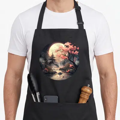 Graphical cherry print apron - Circular landscape with pink cherry tree, moon, and waterfall in cartoon style — shown on a black cotton canvas apron against a white background