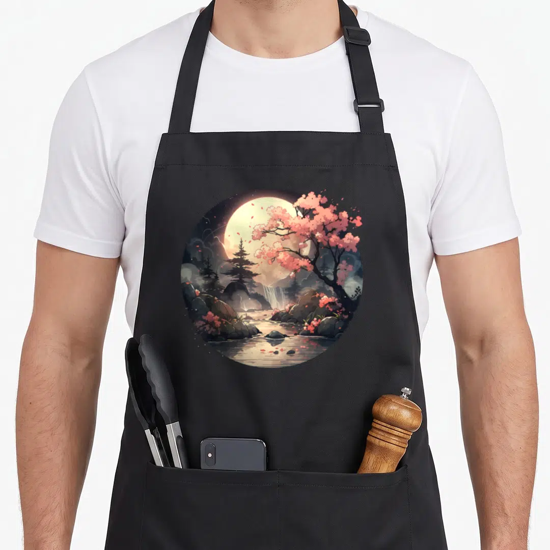 Graphical cherry print apron - Circular landscape with pink cherry tree, moon, and waterfall in cartoon style — shown on a black cotton canvas apron against a white background