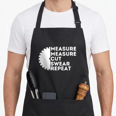 Swear woodworking apron - White saw blade graphic next to stacked text reading MEASURE MEASURE CUT SWEAR REPEAT — shown on a black cotton canvas apron against a white background