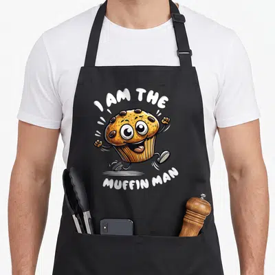 Cool muffin man apron - Running cartoon muffin character with I AM THE MUFFIN MAN text in brown and orange — shown on a black cotton canvas apron against a white background