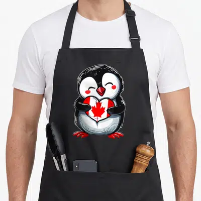 Canadian penguin aprons - Cartoon penguin holding a red and white heart with a maple leaf center — shown on a black cotton canvas apron against a white background