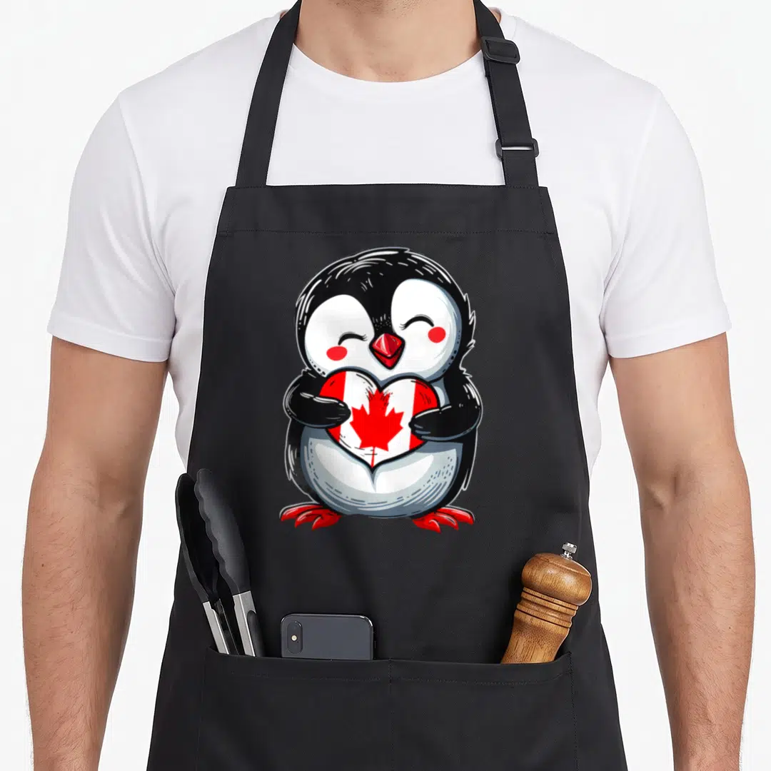 Canadian penguin aprons - Cartoon penguin holding a red and white heart with a maple leaf center — shown on a black cotton canvas apron against a white background