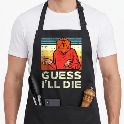 Rpg youth apron - Figure with d20 die head and 'Guess I'll Die' text on red orange white blue striped background — shown on a black cotton canvas apron against a white background
