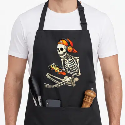 Gamer halloween apron - Cartoon skeleton sitting cross-legged wearing a cap and headphones holding an orange game — shown on a black cotton canvas apron against a white background