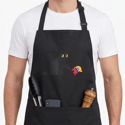 Donald cat lady apron - Black cat with yellow eyes batting at red blue yellow elephant toy with white stars — shown on a black cotton canvas apron against a white background