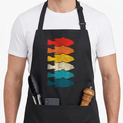 Fishing angler fish apron - Six vertical fish silhouettes in red orange yellow beige teal and blue facing right — shown on a black cotton canvas apron against a white background