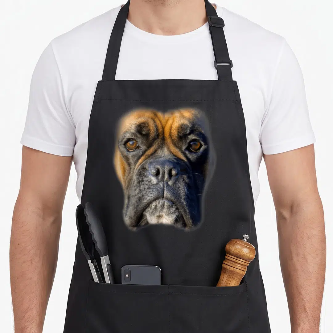 Animal boxer dog apron - Centered photo of a brown and black boxer dog face on a black background — shown on a black cotton canvas apron against a white background