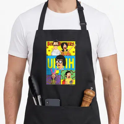 Movie bobs burger apron - Comic grid with Bob, Linda, Louise, Gene, BOB'S BURGERS text, and UH OH in yellow blue red — shown on a black cotton canvas apron against a white background