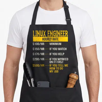 Rate engineer apron - Stacked typography listing Linux Engineer hourly rates from 100 to 500 dollars per hour — shown on a black cotton canvas apron against a white background