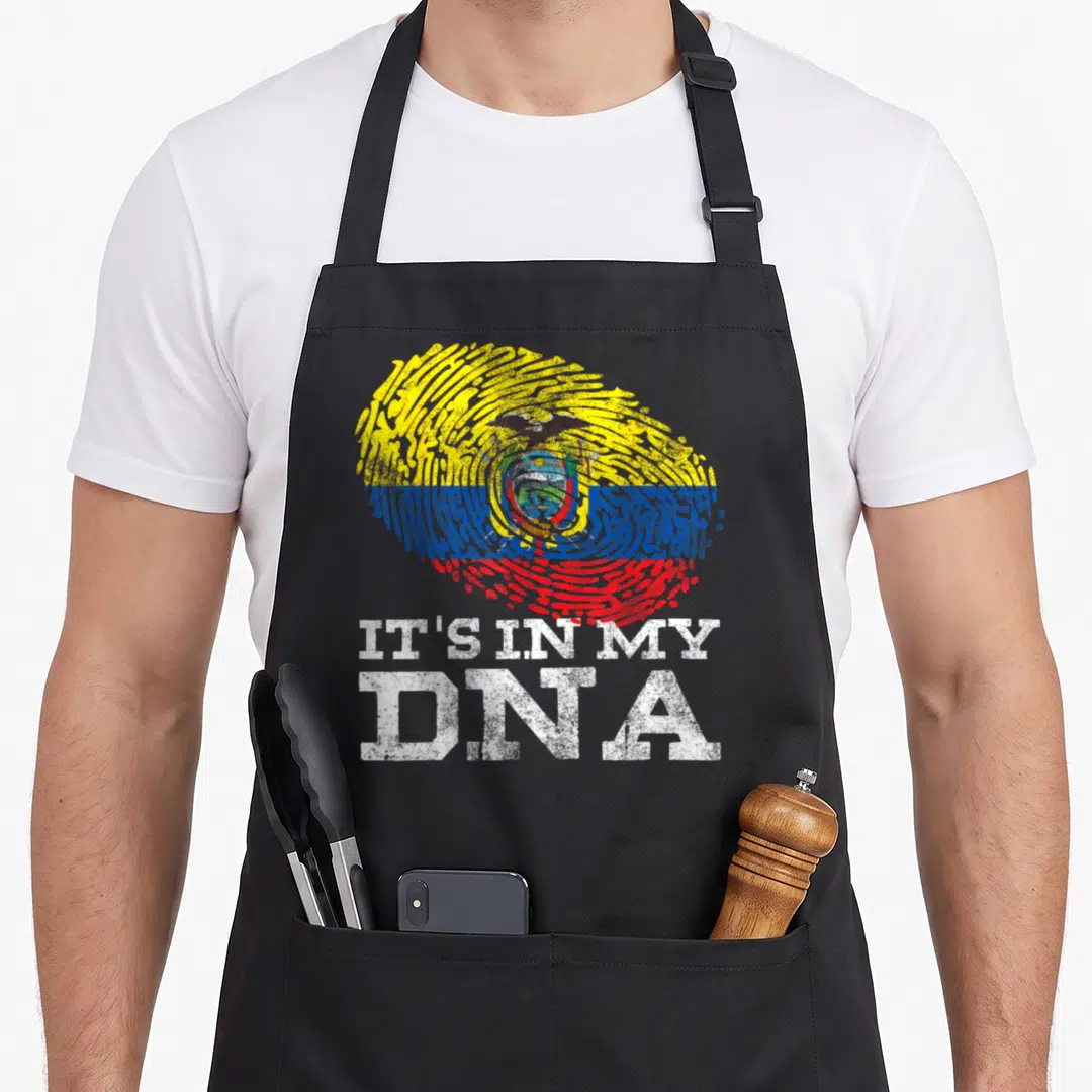 Ecuadorian hispanic aprons - Multicolored fingerprint with coat of arms and distressed white text on black bib — shown on a black cotton canvas apron against a white background