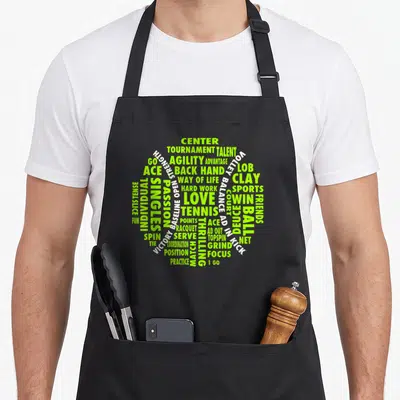 Tennis voice actor apron - Lime green and white tennis terms forming a ball shape via typography — shown on a black cotton canvas apron against a white background