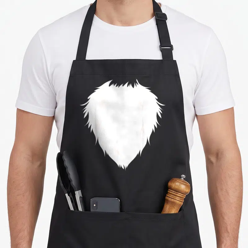 Fox easy apron - Minimalist white stylized lion head centered on grey background — shown on a black cotton canvas apron against a white background