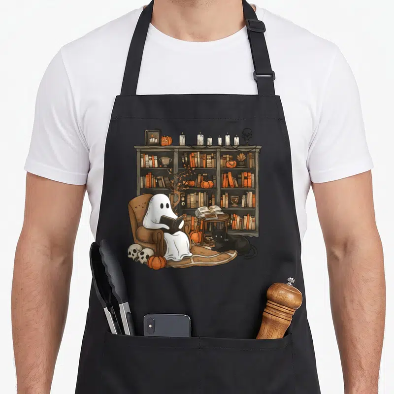 Ghost reading halloween apron - White ghost in brown chair reading near bookshelf, pumpkins, skulls, and black cat — shown on a black cotton canvas apron against a white background