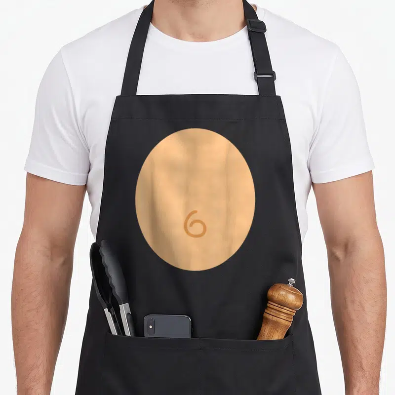 Monkey costume halloween apron - Brown number 6 centered inside a beige circle on black fabric — shown on a black cotton canvas apron against a white background