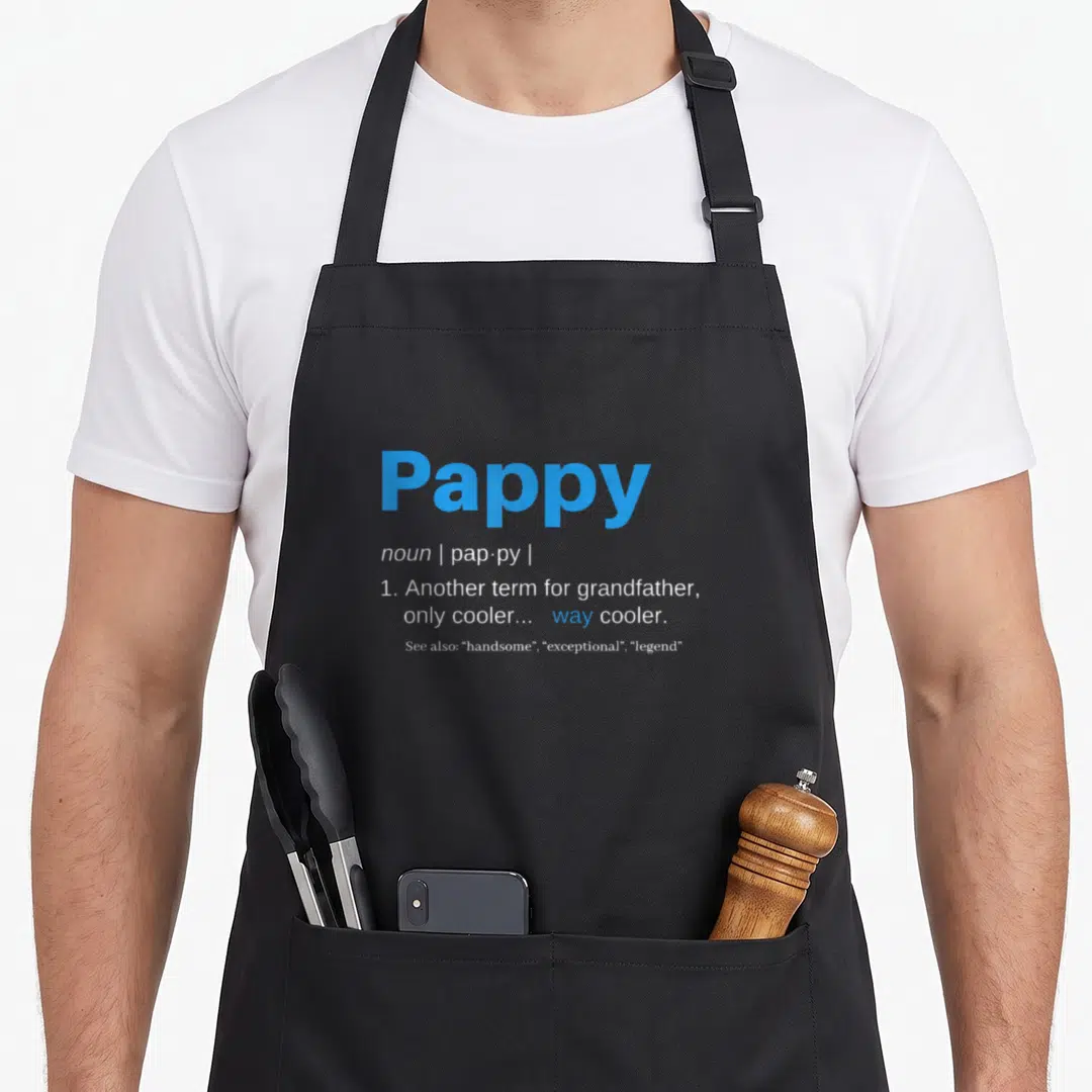 Pappy father day apron - Blue and white dictionary definition of Pappy meaning grandfather only cooler — shown on a black cotton canvas apron against a white background