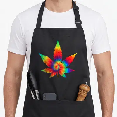 Cannabis tie apron - Rainbow watercolor cannabis leaf print with tie-dye swirl pattern — shown on a black cotton canvas apron against a white background
