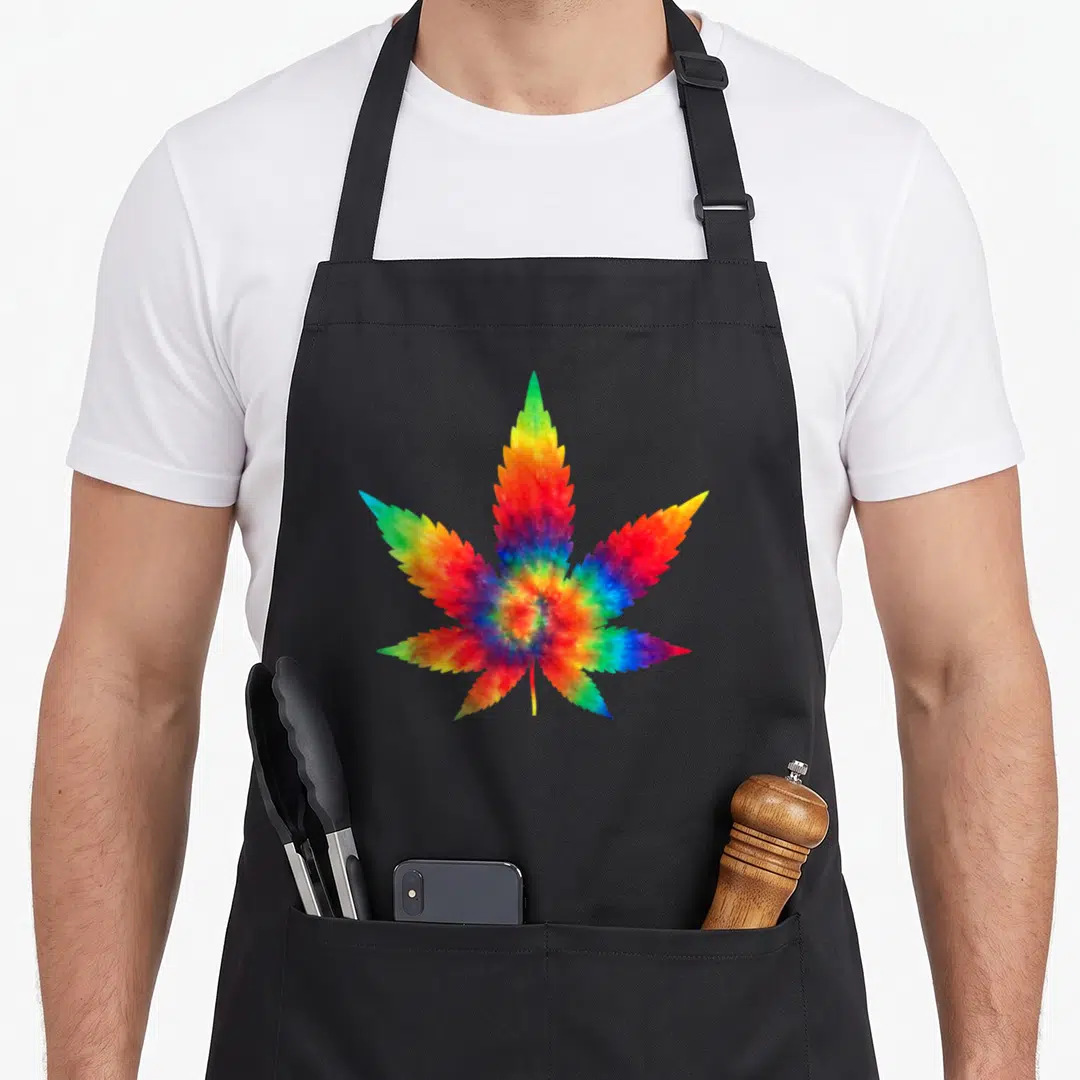 Cannabis tie apron - Rainbow watercolor cannabis leaf print with tie-dye swirl pattern — shown on a black cotton canvas apron against a white background