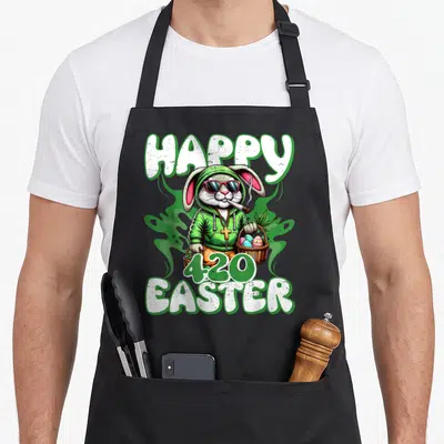 Easter smoking apron - Cartoon rabbit in green hoodie and sunglasses holding egg basket with HAPPY 420 EASTER text — shown on a black cotton canvas apron against a white background