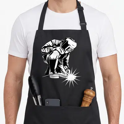 Fabricator blacksmith apron - Line art of kneeling welder in protective gear creating a white spark — shown on a black cotton canvas apron against a white background