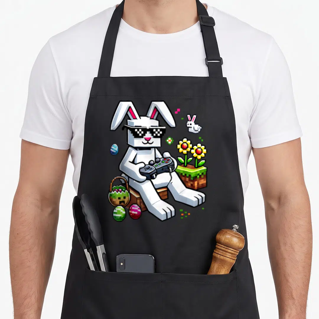 Easter video game apron - Pixel art white bunny holding controller with Easter eggs and flowers — shown on a black cotton canvas apron against a white background