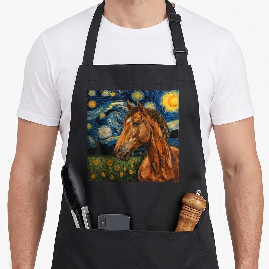 Horse van gogh apron - Brown horse watercolor painting against swirling blue night sky with yellow stars and flowers — shown on a black cotton canvas apron against a white background