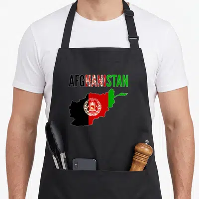 Afghanistan map country apron - Map of Afghanistan filled with black red and green flag colors under bold text — shown on a black cotton canvas apron against a white background