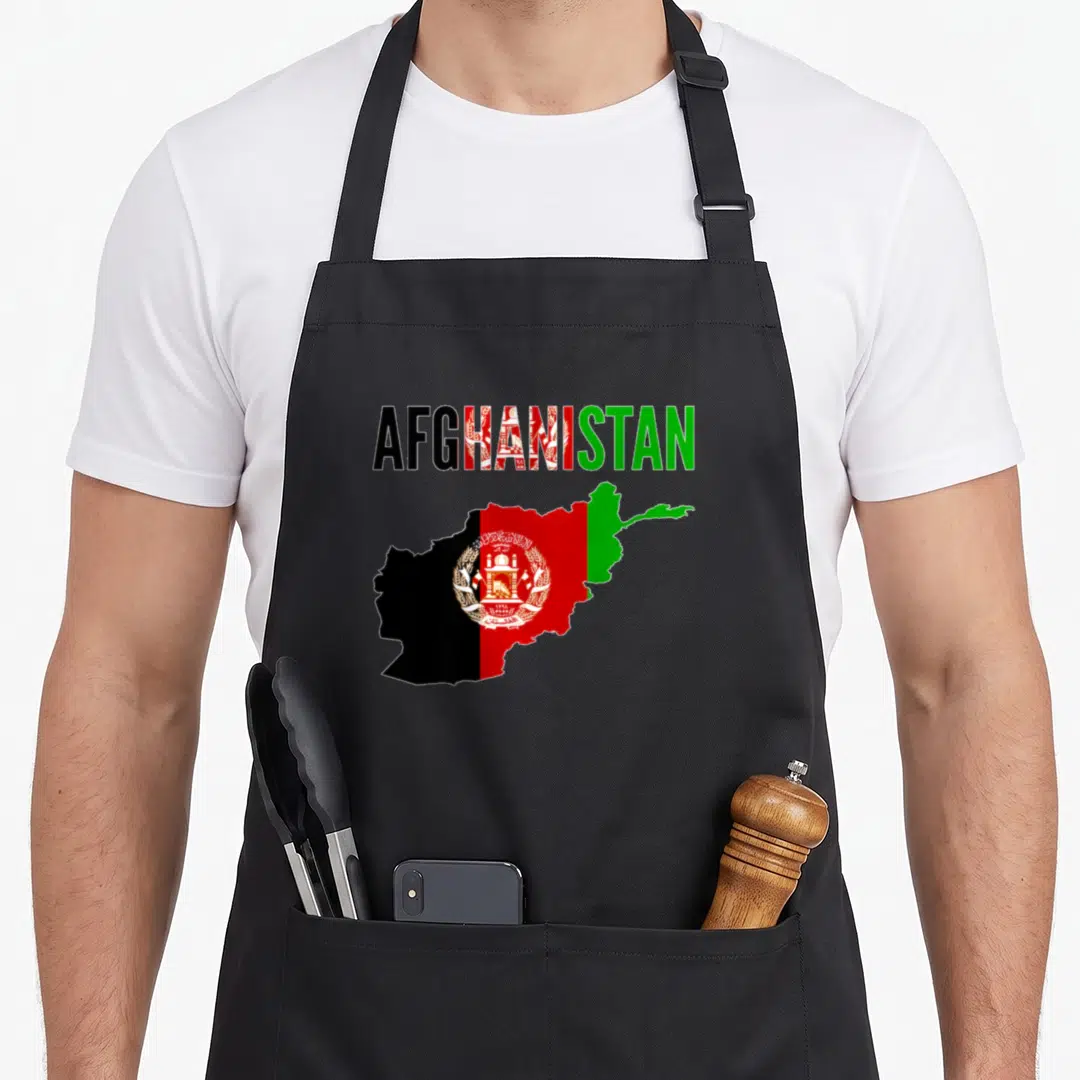 Afghanistan map country apron - Map of Afghanistan filled with black red and green flag colors under bold text — shown on a black cotton canvas apron against a white background